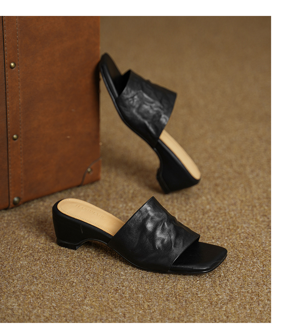 Sandal nữ da cừu lộ ngón chân quai chữ V phong cách Hàn Quốc — đen chi tiết 14