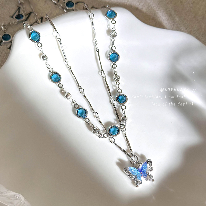 Holiday Style Seaside Blue Double Layer Butterfly Necklace Women's Light Luxury Niche Exquisite Necklace Clavicle Necklace Overlapping Wear Accessories
