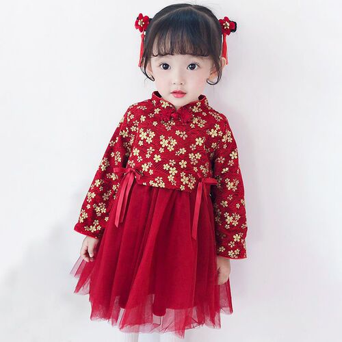 New Year's greetings clothes for girls 1-8 years old girls' autumn and winter dresses children's velvet skirts Hanfu winter girls' cheongsam dresses