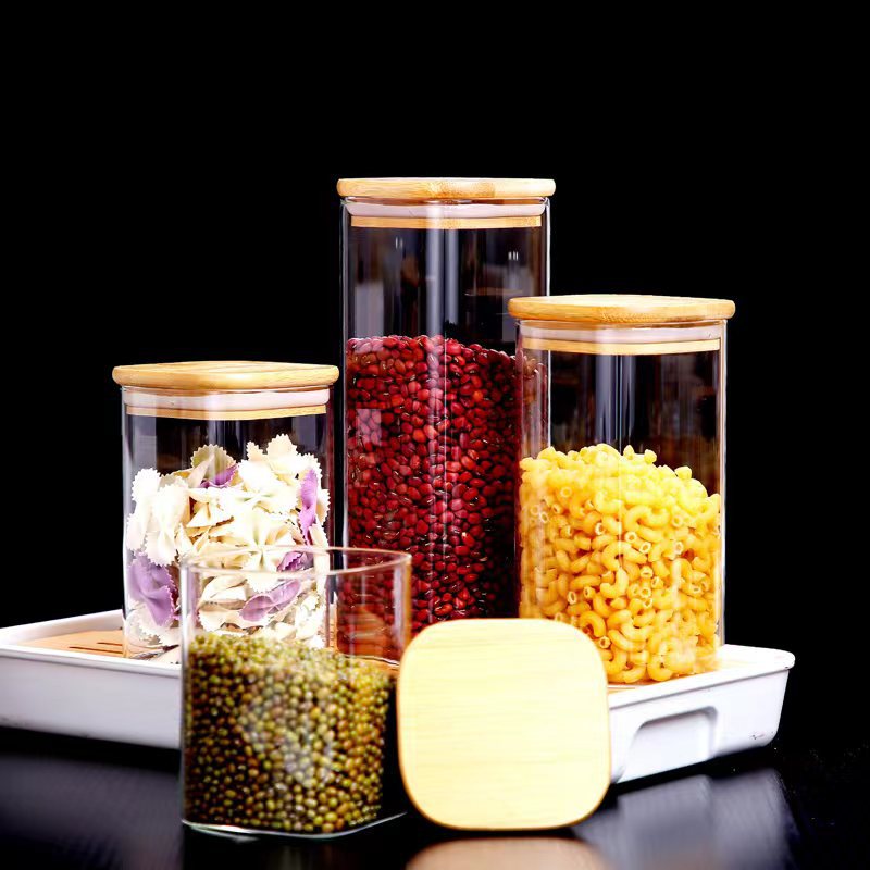 Al por mayor tarro de almacenamiento de vidrio cuadrado tarro de almacenamiento de granos transparentes tarro de té fruta almacenamiento de alimentos frasco sellado Cocina