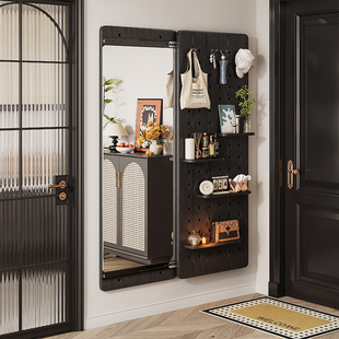 # Solid Wood Perforated Board Dressing Mirror Integrated Entryway Full-Length Mirror Sliding Invisible Vintage Mirror Wall-Mounted Foyer Fitting Mirror