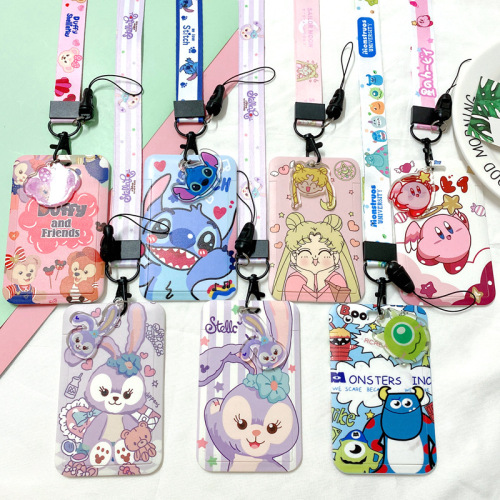 Japanese and Korean cute internet celebrity push-pull card holder cartoon student bus ID bank card protective cover with halter rope for men and women