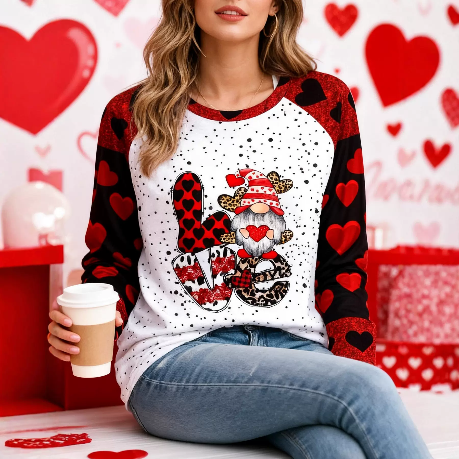 2026情人节亚马逊ebey大码女装胖mm节日印花欧美跨境外贸长袖T恤