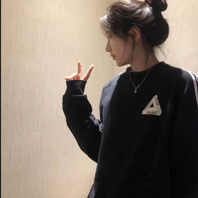 Тонкий/композитный бархат 370 г, модный брендовый пуловер с треугольным логотипом и круглым вырезом, толстовка