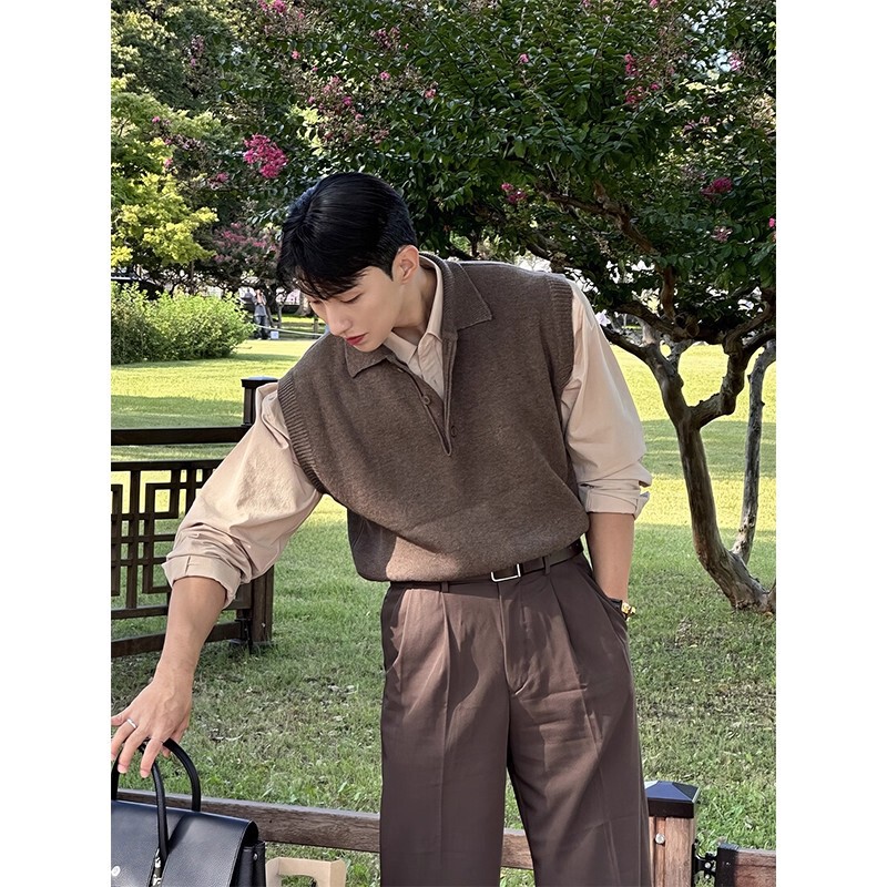 Japanese Retro Brown Polo Collar Knit Vest Men's Autumn Light Mature Style Layered Vest Sweater Jacket