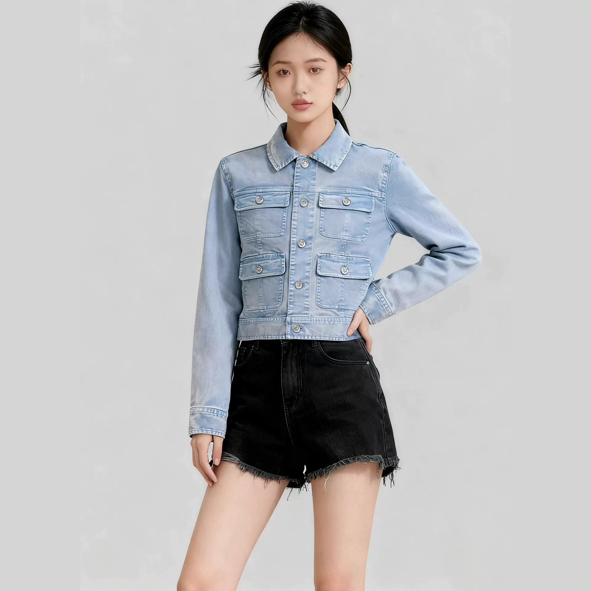 定制春季新款浅蓝短款牛仔外套女假口袋金属扣设计感时尚通勤上衣