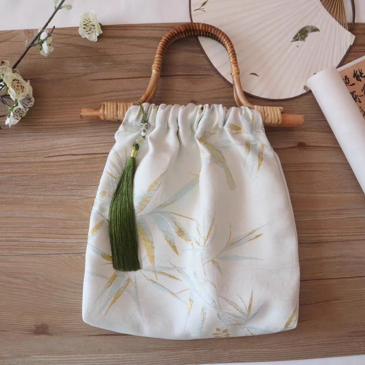 Tidlig Han- og rottingvævet jacquard Hanfu-taske, ny kinesisk qipao-håndtaske, bambusknudetaske_voghion.com