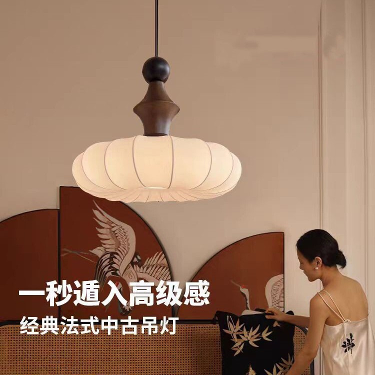中古風実木復古中国風高級感寝室客間書房灯フランス新中国式シルク吊り灯具|undefined