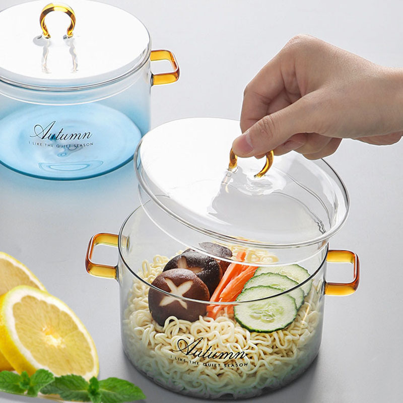 Gradiente tazón de vidrio con tapa de doble oído transparente tazón de fideos instantáneos cocina hogar de gran capacidad de vidrio de borosilicato sopa de leche olla