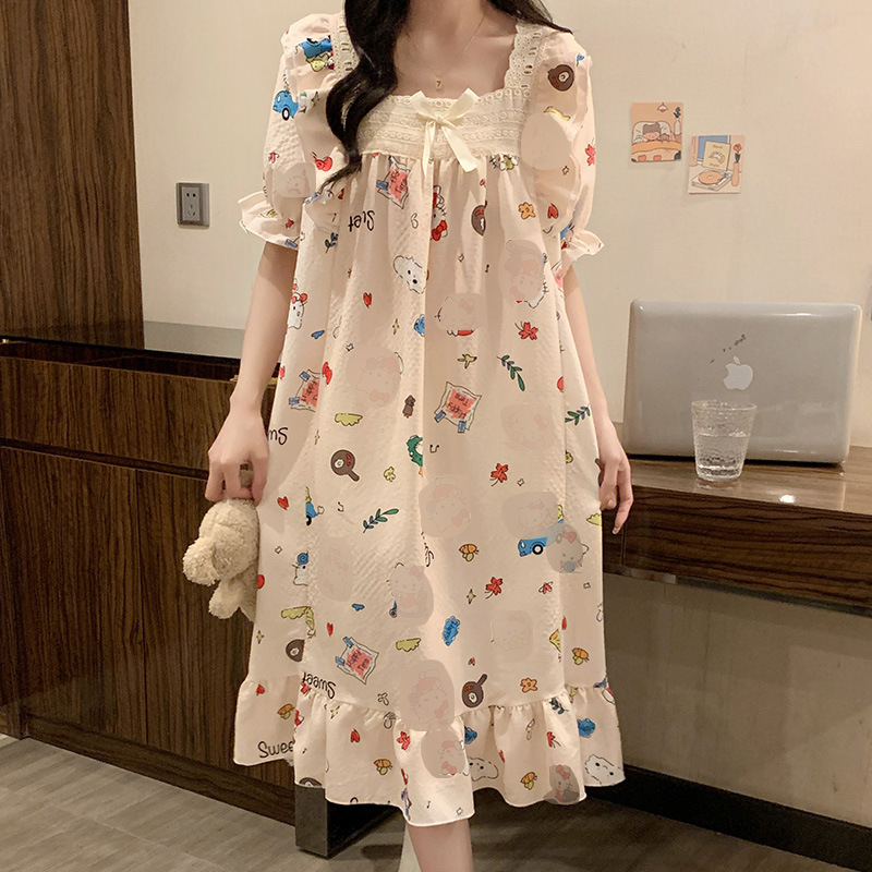 Pijama de la mujer sobre la rodilla vestido verano 2024 nuevo dulce lindo perro de dibujos animados algodón vestido de pijama casero al por mayor