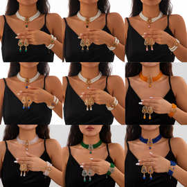 欧美跨境饰品 轻奢风方形水钻项链choker 复古仿珍珠串珠套装颈链