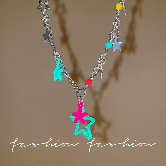 Pink Green Five-pointed Star Necklace Female Niche Design Sense Dopamine Sweet Cool Style Colorful Sweat Chain Accessories Spice Girls