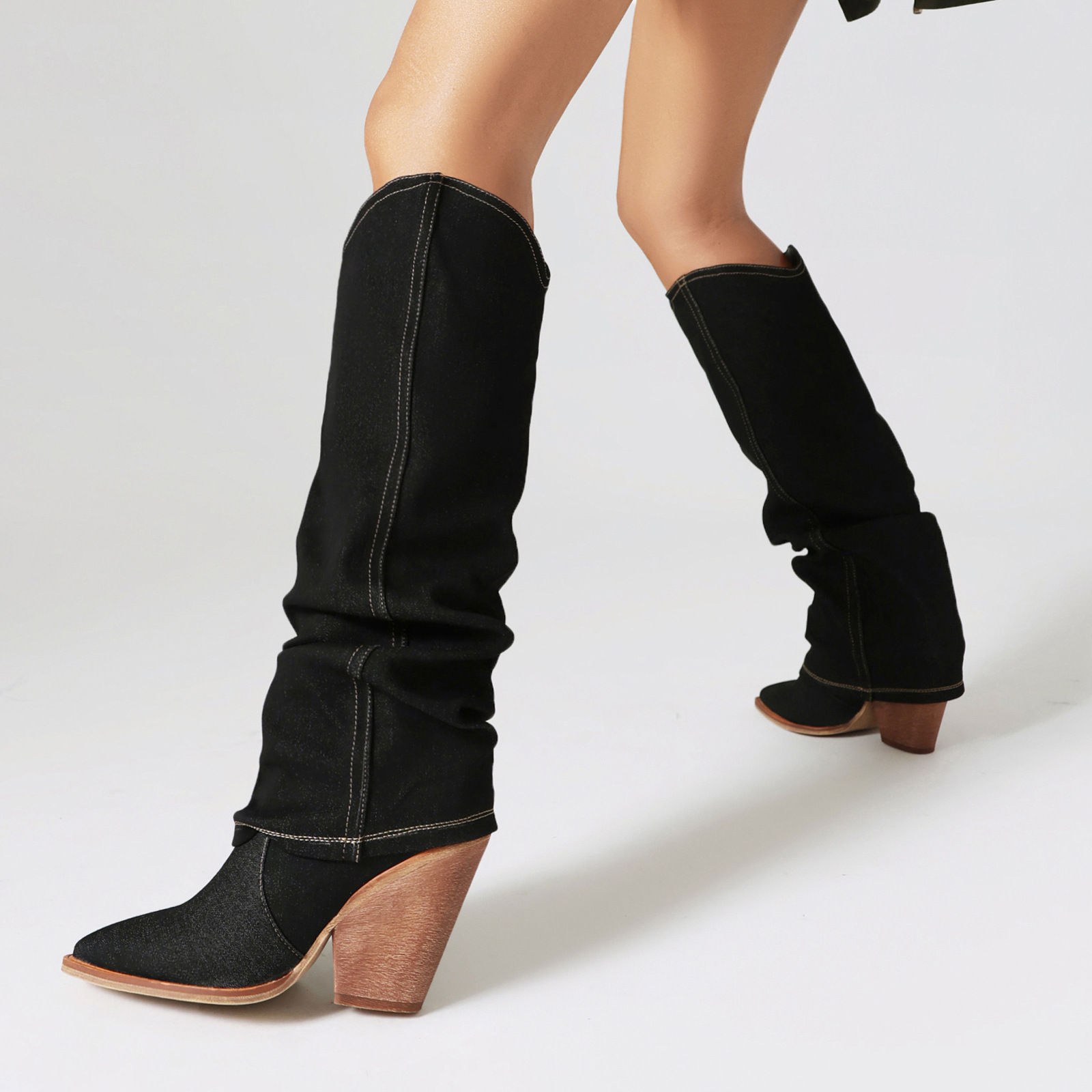 pointy toe chunky heel high tube boots