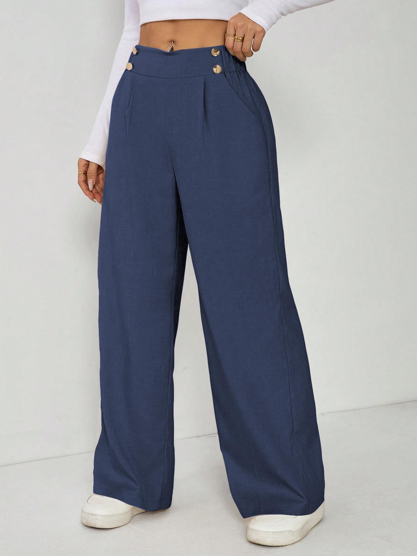 Women's Wide Leg Straight Leg Trousers Casual Fashion European American Style Button Decoration Commuting Pants_ecoleips.com