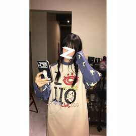 美式高街设计oversize星星撞色插肩长袖T恤女款ins宽松慵懒上衣