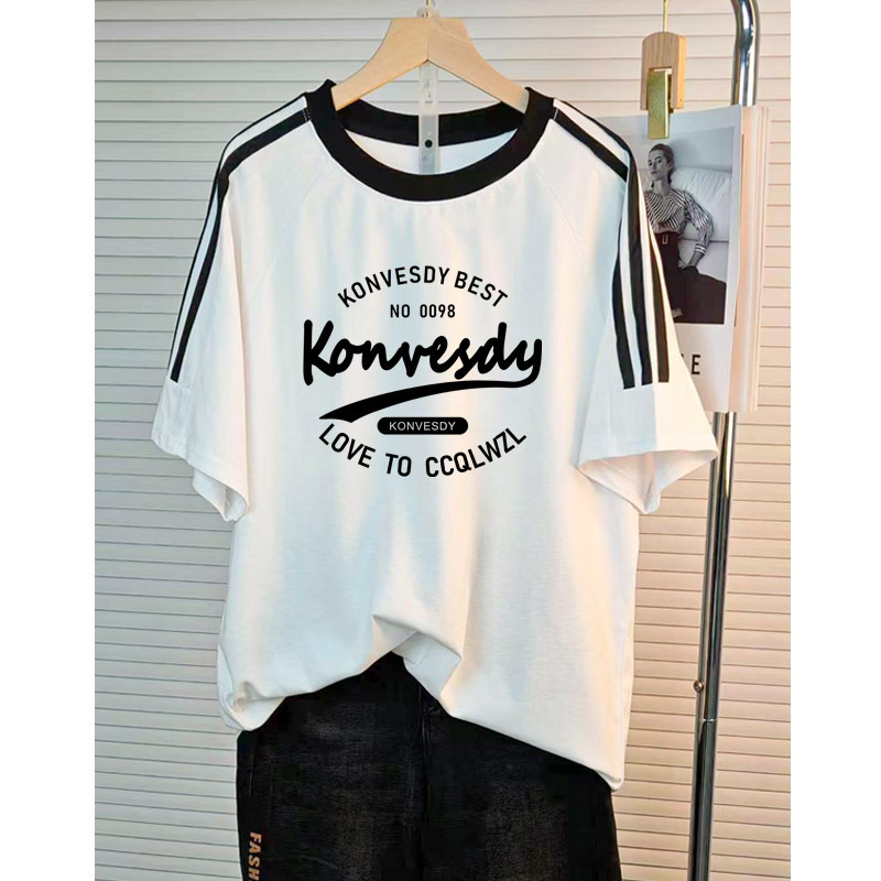 Factory direct retro three bars raglan short sleeve T-shirt women's summer heavy cotton new loose half sleeve top