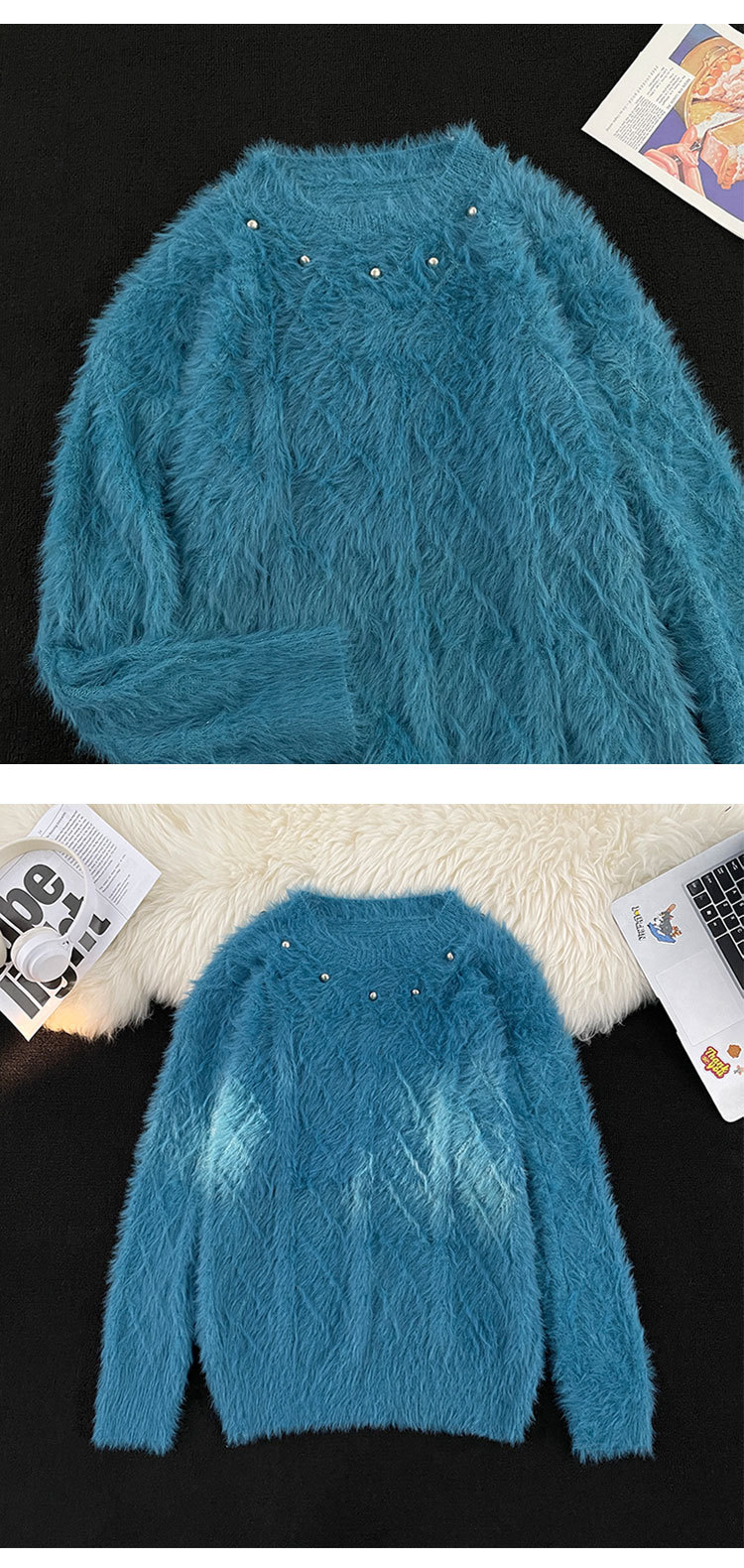 Men's Clothing mink sweater button flower design beaded high weight knitted sweater furry pullover lazy trend men_voghion.com