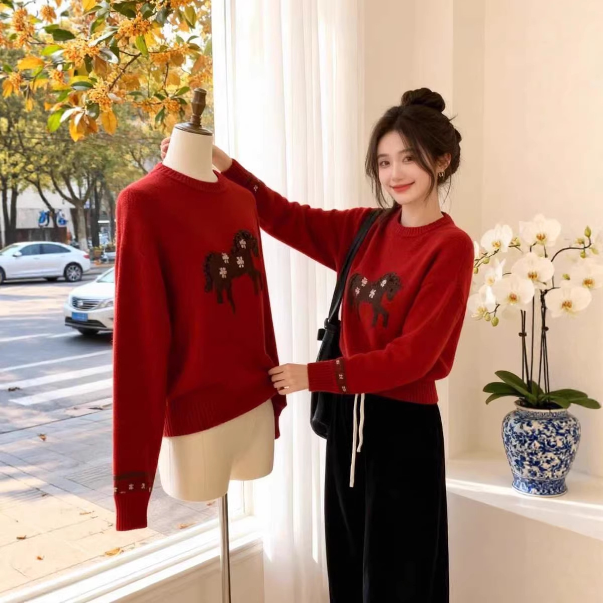 Áo len nữ cổ lọ họa tiết ngựa con đan tay phong cách Hàn Quốc — màu đỏ chi tiết 1