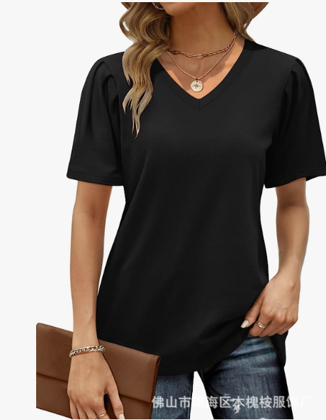 2023 Amazon Cross-Border Best-Selling Summer New Women's V-Neck Puff Sleeve Short-Sleeve Solid Color T-Shirt Top Commuter Style