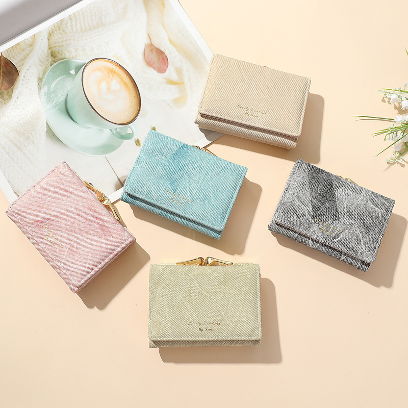 Amazon Ins Wallet Women's Short PU Three-fold Card Bag One-piece Coin Wallet Washed Denim Pattern Premium Sense