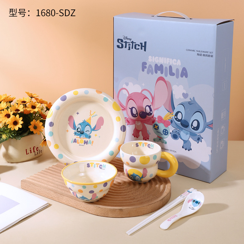 Tazón de cerámica Stitch caja de regalo tazón de arroz para el hogar tazón de dibujos animados de color bajo vidriado vajilla de cerámica de alto valor tazón redondo al por mayor