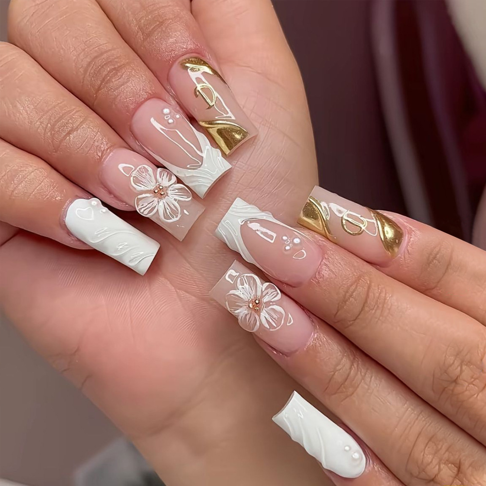 3D goteo de flores de perlas de oro de manicura francesa transfronteriza venta caliente tubería de agua para usar uñas 24 piezas de parche de uñas