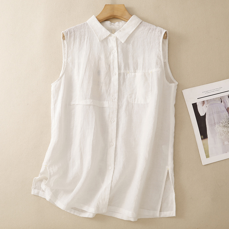 Solid Color Commuter Cotton-Linen Old Money Style Sleeveless Shirt for Women, Summer Thin Fashion Elegant Age-Reducing Cardigan Vest Top