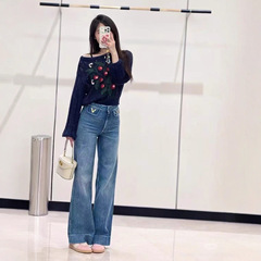南油女装裤子2025早秋V字口袋直筒牛仔裤女复古宽松垂感阔腿长裤