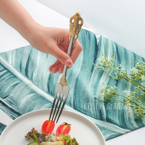 Baichuan four-piece set of 316 stainless steel tableware, palace-style gold-plated embossed pattern, five-piece knife, fork, spoon, dessert fork