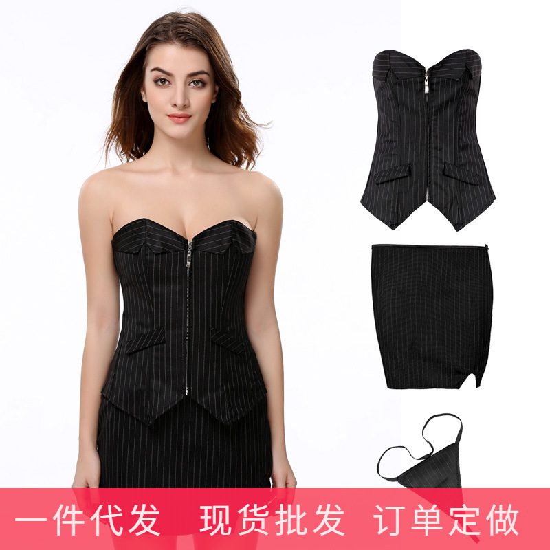 工厂批发 外贸货源 欧美宫廷塑身衣 职业套装 条纹西装性感束身衣|ms