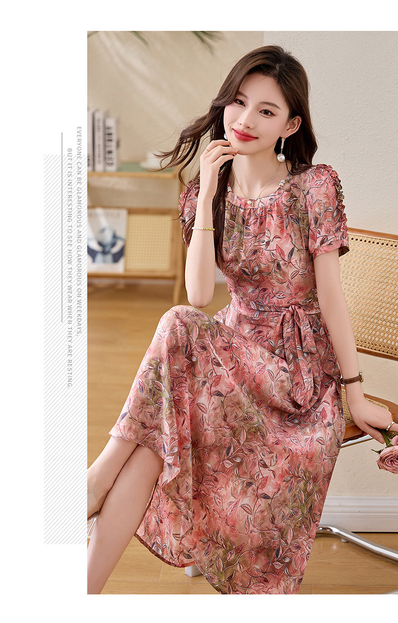 Váy liền hoa maxi nữ thắt eo thanh lịch mùa hè 2025 tay ngắn ôm eo — hoa đỏ, hoa hồng chi tiết 17