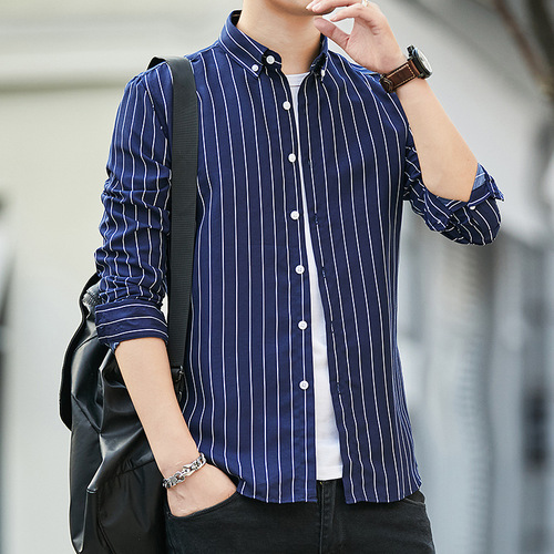Men's Spring and Autumn Long-Sleeve White Business Casual Professional Wedding Best Man Shirt Black and Blue Base Short-Sleeve Inch