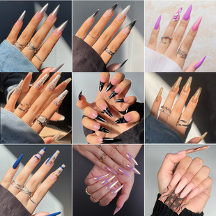 O3 Long European and American Wearable Nails, Long Pointed Nails, Smudged Gradient Electroplated Nail Patches, Finished Products, Cross-Border Products