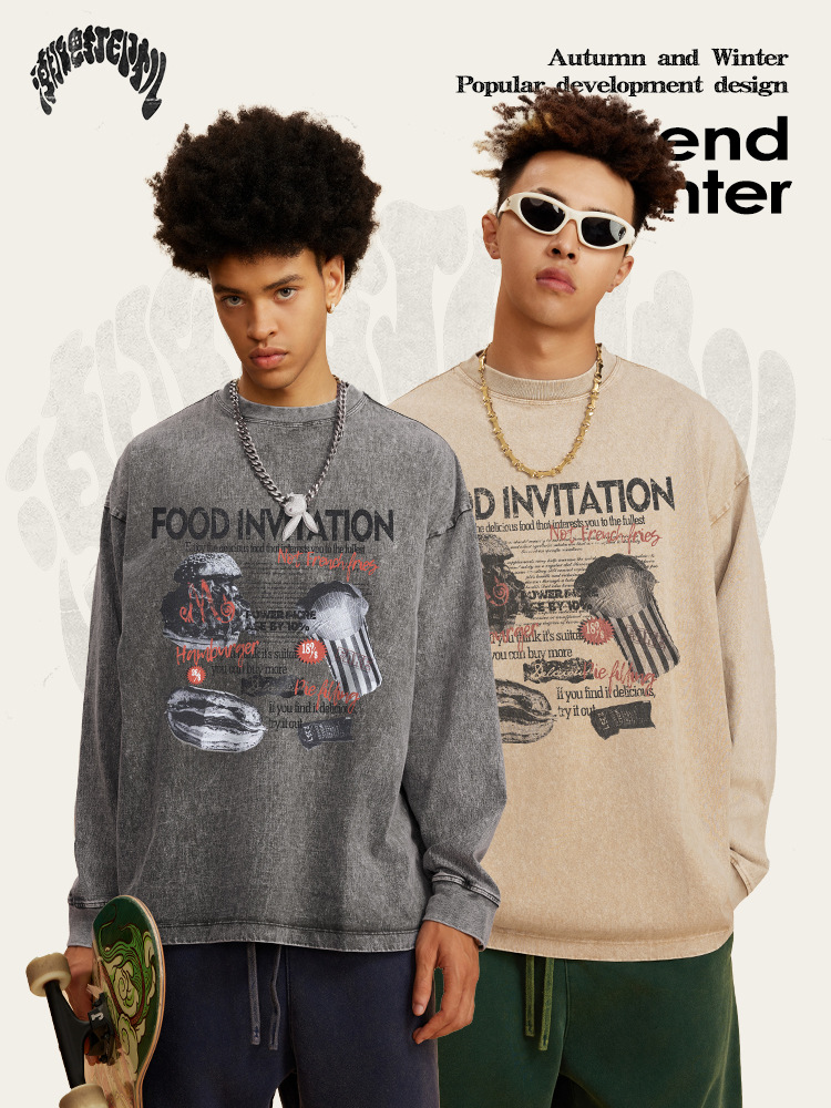 2025 otoño marca de moda americana algodón retrógrado lavado tinta impresión marca de moda suelta camiseta de manga larga hombre
