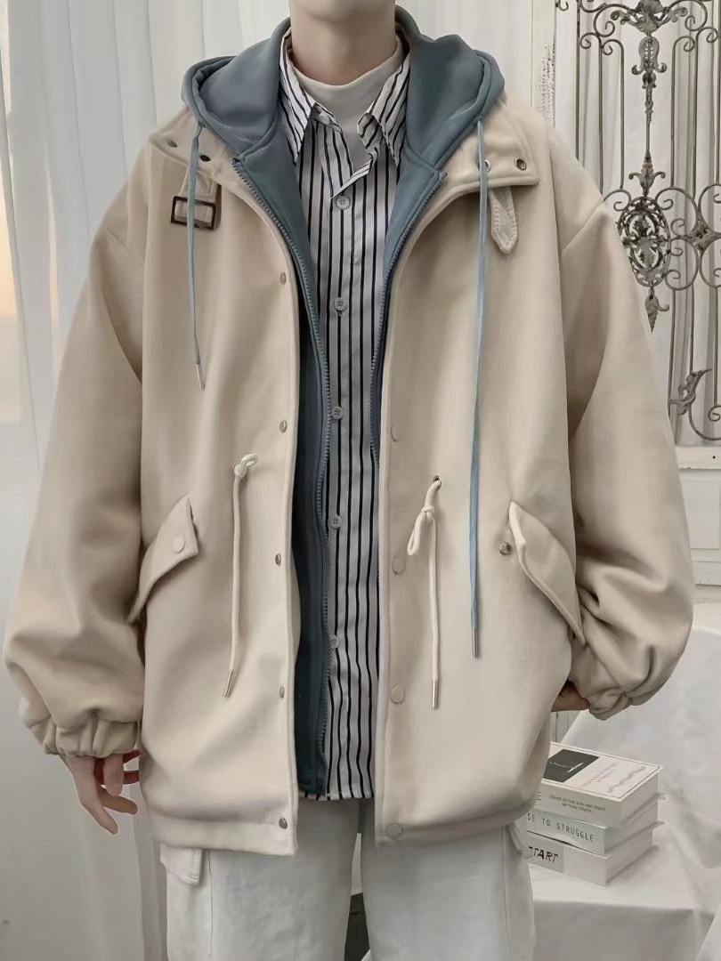 Oscuro ins moda marca High Street abrigo de lana de los hombres Otoño e Invierno estilo coreano moda suelta con capucha abrigo de lana