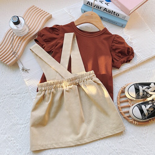 2024 Korean Summer Set for Girls - Short Sleeve Baby Girl with Bubble Sleeve T-shirt and Belted Skirt - Fashion Two-Piece Set - Cotton