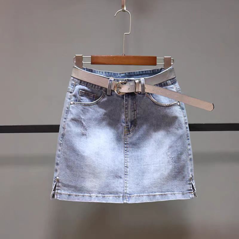 牛仔裙女侧边开叉A字型短裙夏季高腰显瘦百搭半身裙潮【不含皮带
