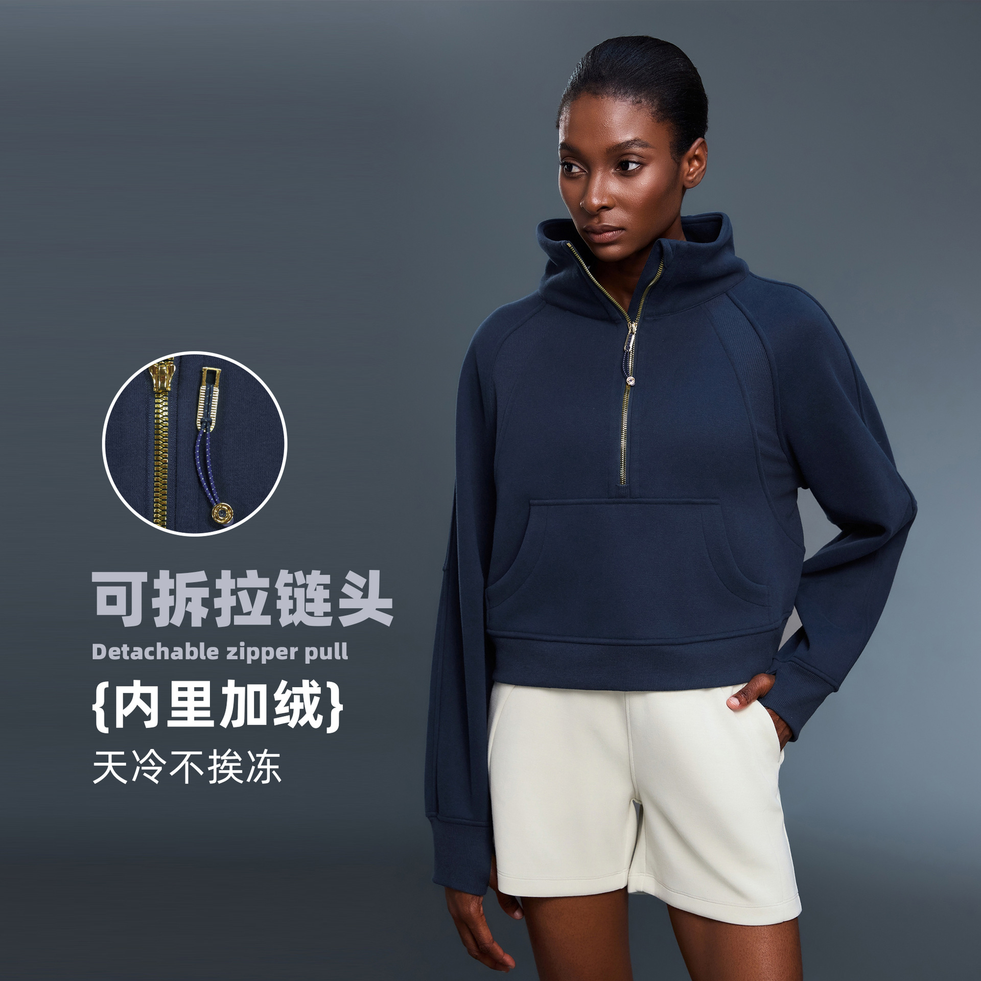 High-Neck Half-Zip Pullover Casual Loose Fleece-Lined Warm Sports Sweatshirt Jacket for Women Short Style D25131