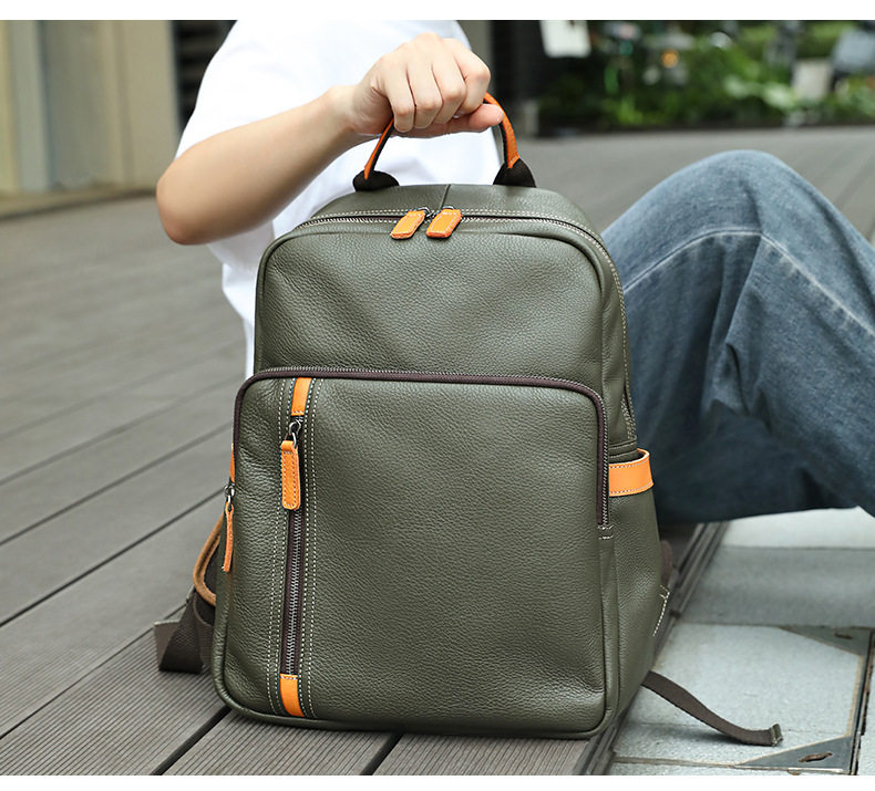Ba lô da thật Marante đa chức năng thời trang, ba lô laptop công sở nam da bò đi công tác — Màu đen, Xanh ô liu chi tiết 9