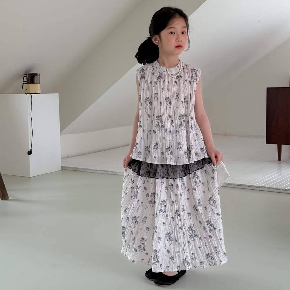 童裙2025夏款女宝宝韩版无袖系带碎花裙衫儿童休闲宽松花边两件套