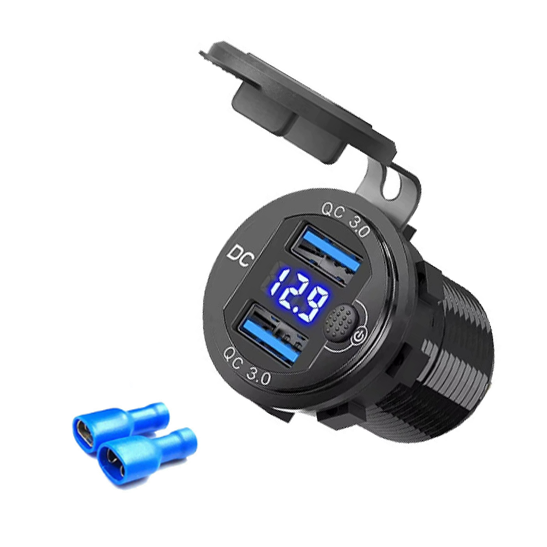 Nuevo coche RV coche modificado aleación de aluminio doble QC3.0 botón electrónico pantalla digital voltímetro Qualcomm carga rápida