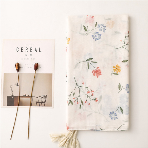 Elegant and fresh cotton and linen feel scarf for women, white small flower floral print decoration, handmade tassel gauze shawl
