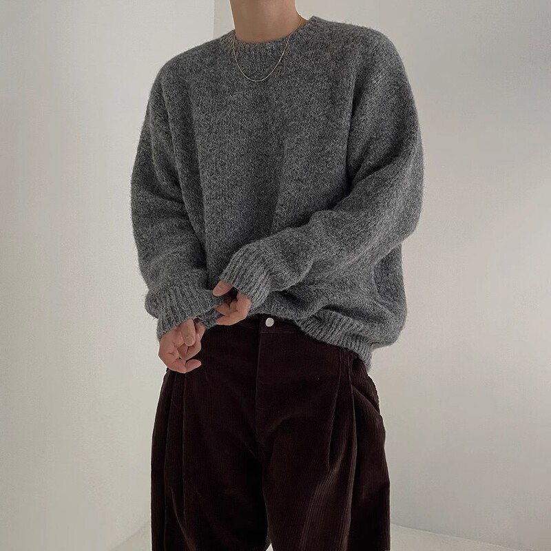 Mohair Knitwear for Men, Autumn and Winter Korean Style Trendy Lazy Style Pullover Sweater, Loose Round Neck Top, Trendy