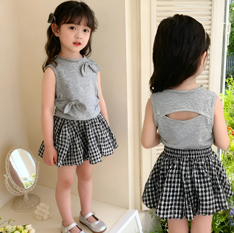 Korean Baby Summer Sweet Outfit 2026 New Style Girls' Bowknot Vest Top and Plaid Floral Skirt Set