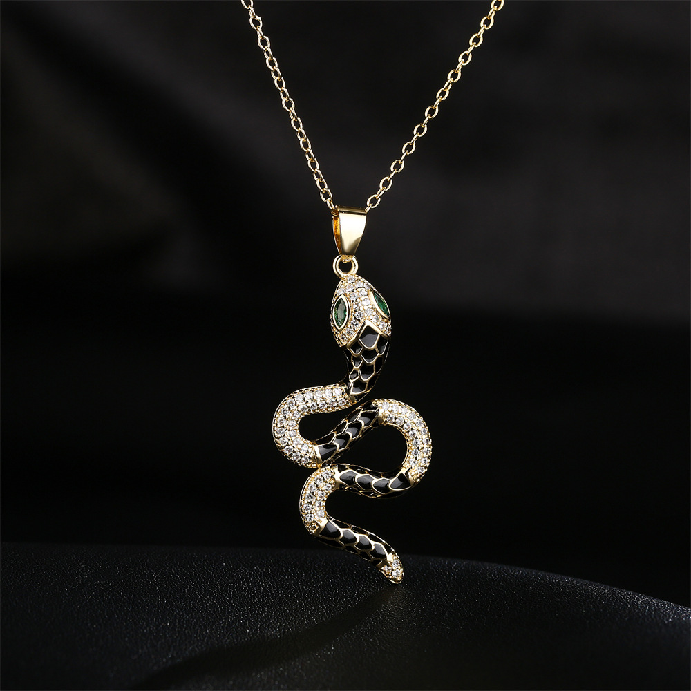 Fashion copper 18k gold color drip oil zircon snake pendant necklace