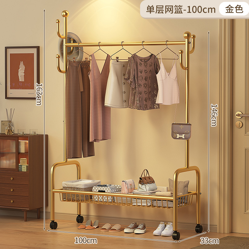 100cm 단층 메쉬 바스켓 - 라이트 럭셔리 골드 + 후크 6개 + 금속 유니버설 휠