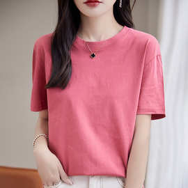 圆领全棉短袖T恤女宽松大码落肩袖上衣2024夏季新款打底半袖体恤