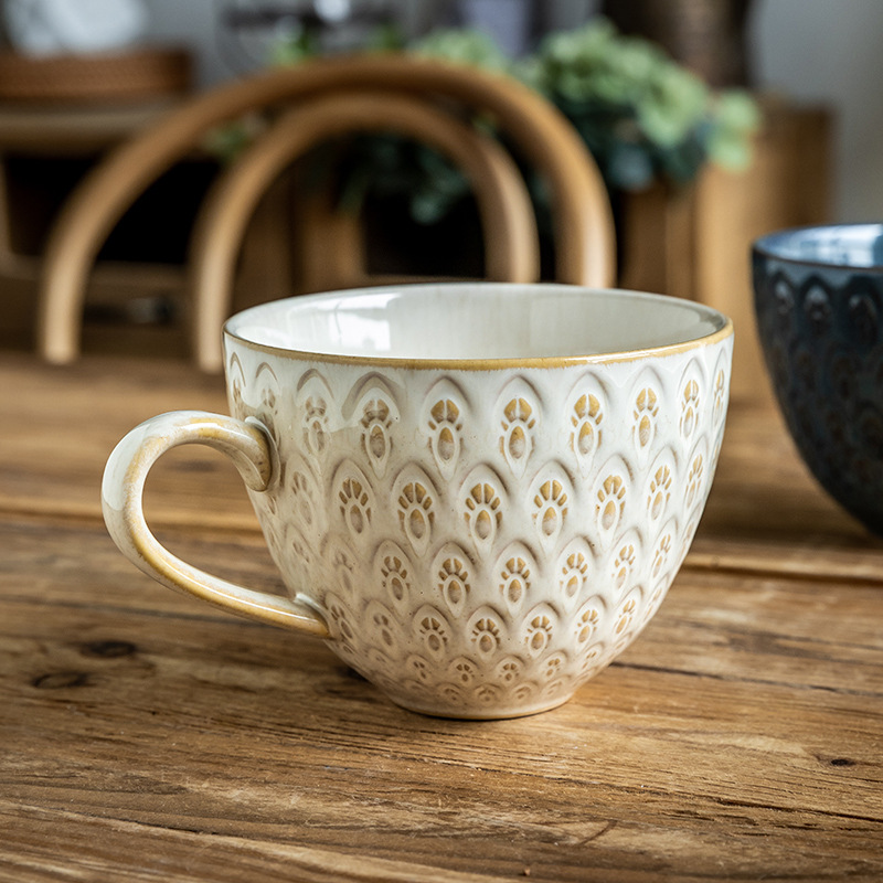 Horno esmalte alivio alondra patrón Gran taza de desayuno gran capacidad taza de avena retro Taza de cerámica personalizada exportación transfronteriza