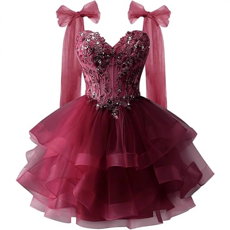 Tiered Tulle Homecoming Dresses Sparkling Lace Appliques Bow Straps Junior Short Prom Dresses Tiered Tulle Homecoming Dresses Sparkling Lace Appliques Bow Straps Junior Short Prom Dresses