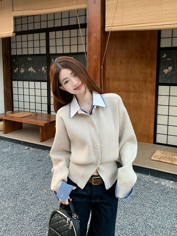 假两件衬衫领针织衫毛衣女年穿春秋新款显瘦撞色内搭收腰上衣|undefined